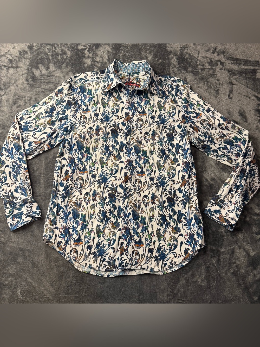 Robert Graham White Button-Down Shirt with Blue and Brown Floral Scrolls